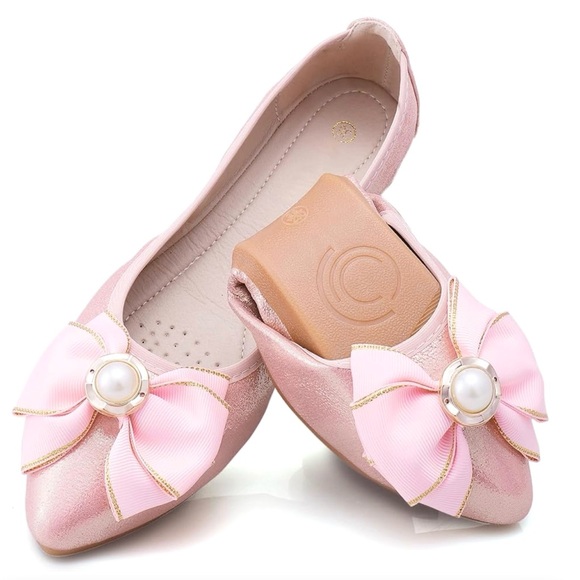 Shoes - PRINCESS Elegant Pink Bow Flats, ideal to carry in your handbag